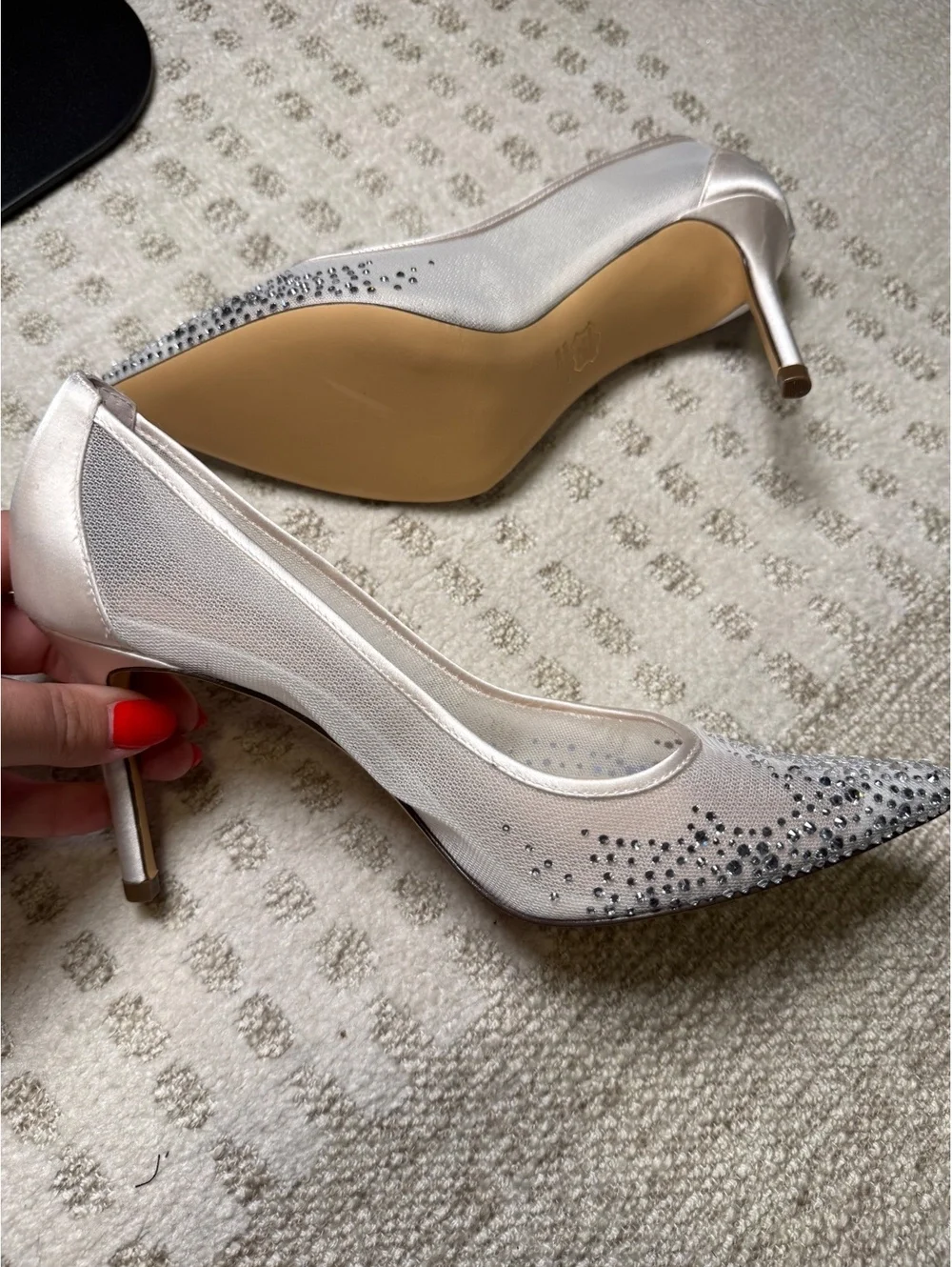 Nina Satin and Mesh Embellished Pointed Toe Heels